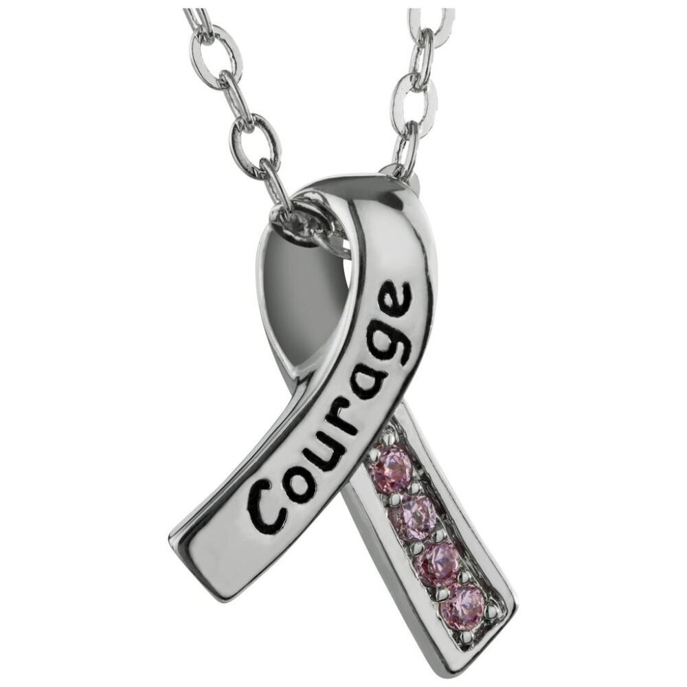 COURAGE pink ribbon cham w/pink cubic zirconias on 18" fine link chain